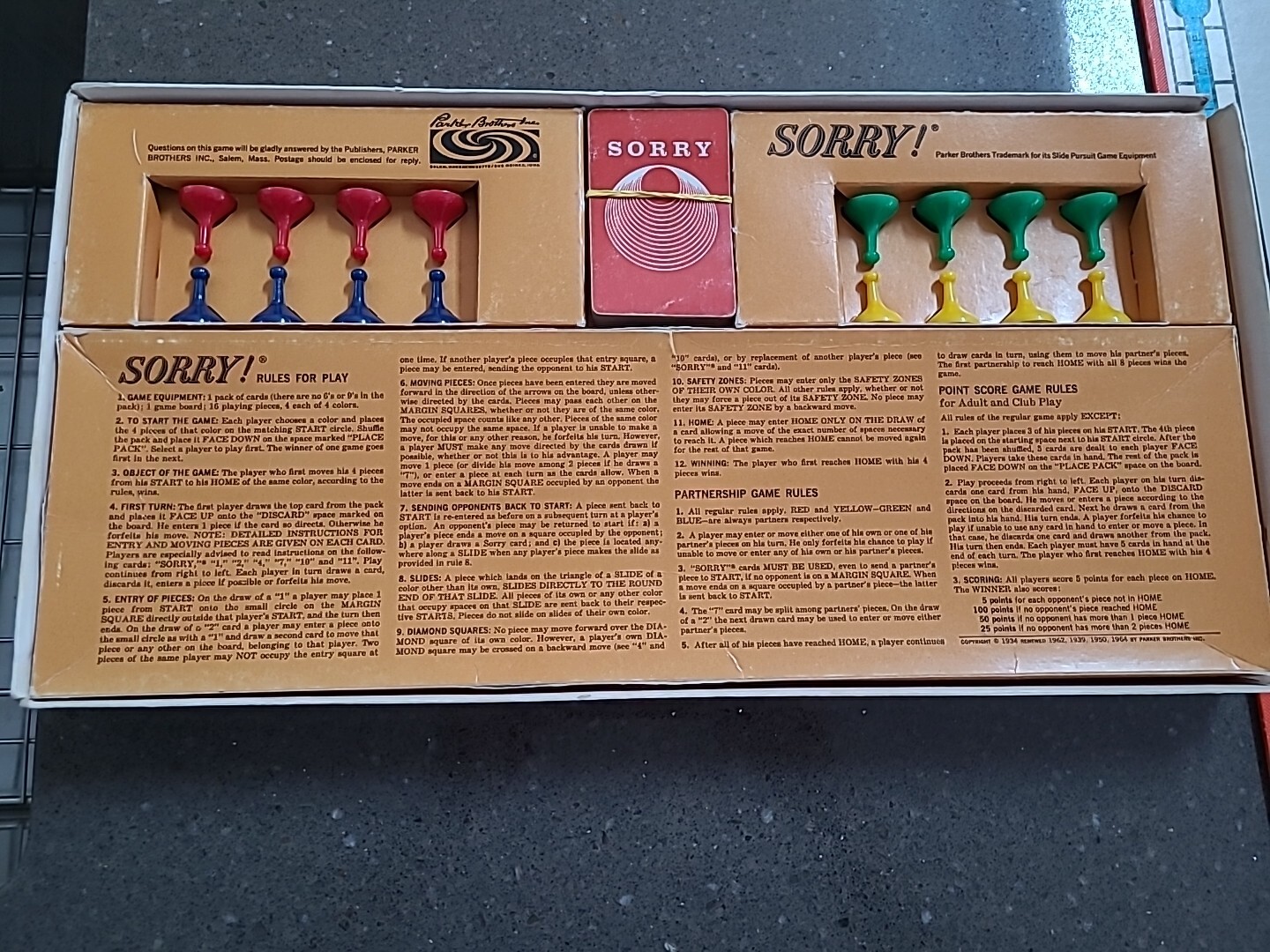 1964 SORRY Board Game Parker Brothers Complete Vintage Complete