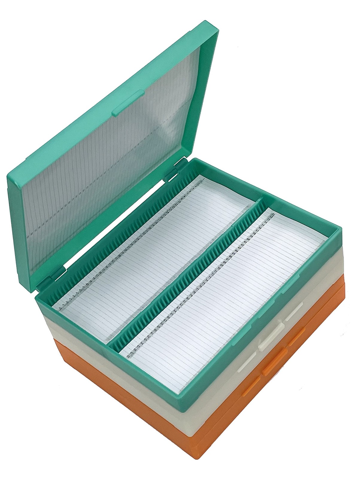 MUHWA 100-Place Plastic Microscope Slides Storage Box, 3 Green, Orange, White