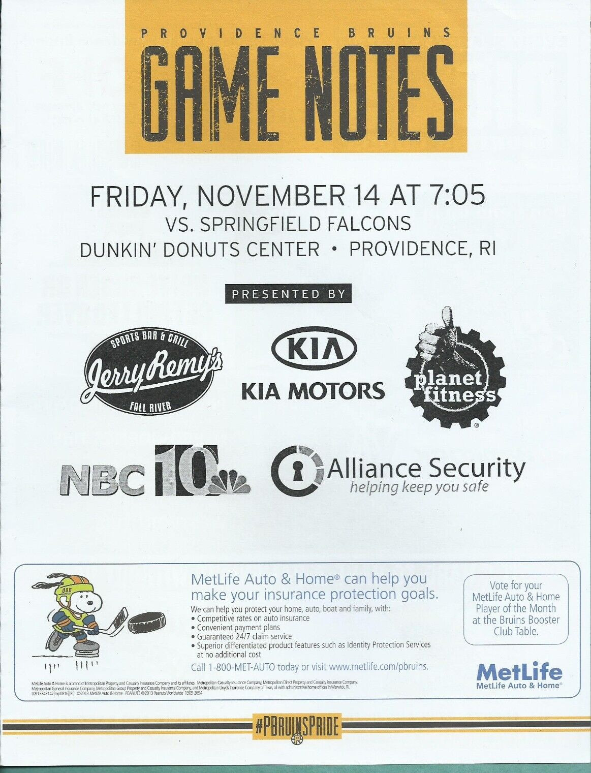 PROVIDENCE BRUINS VS SPRINGFIELD FALCONS GAME PROGRAM - 11/14/ 2014 WITH TICKET
