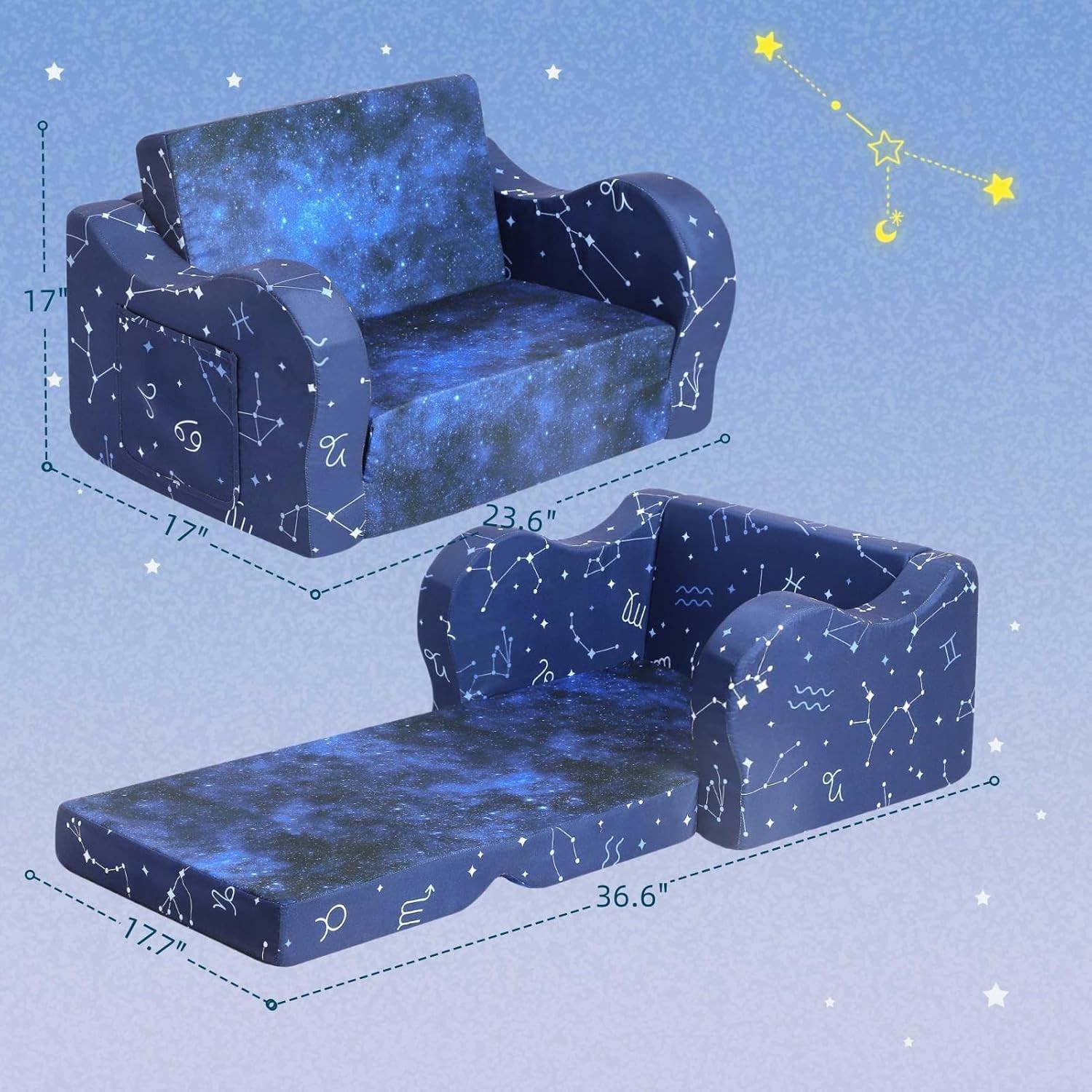 Kids Sofa - 2-in-1 Flip-Out Foam Couch, Blue, Cozy Lounge Chair for Toddlers