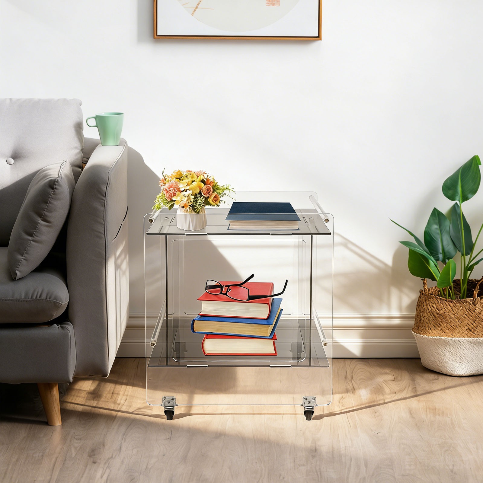 46x40x55cm Side Table Acrylic Mobile Table Multifunctional End Table with Wheels