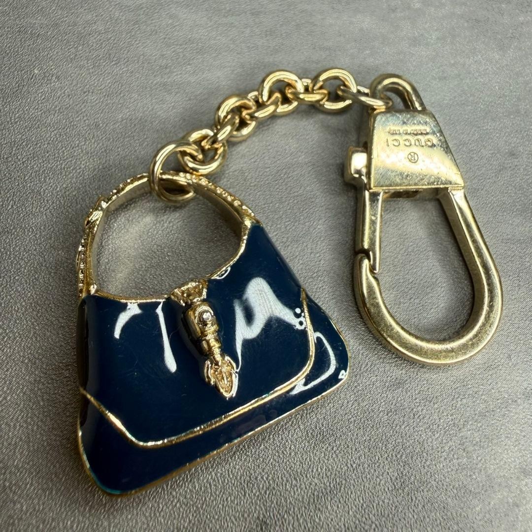 GUCCI Leather Bag Charm Jackie Navy Gold Mini Keychain Rare 4.3 Inch Unisex