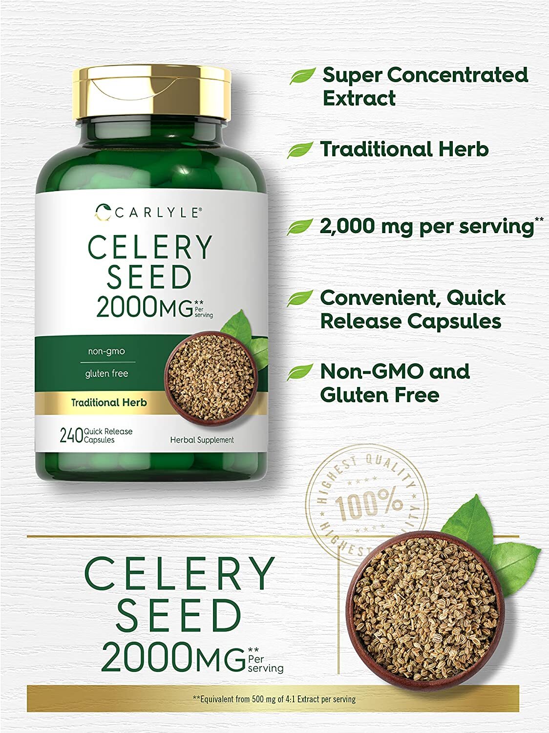 Celery Seed Capsules 2000mg | 240 Count | Herb Extract Supplement | by Carlyle