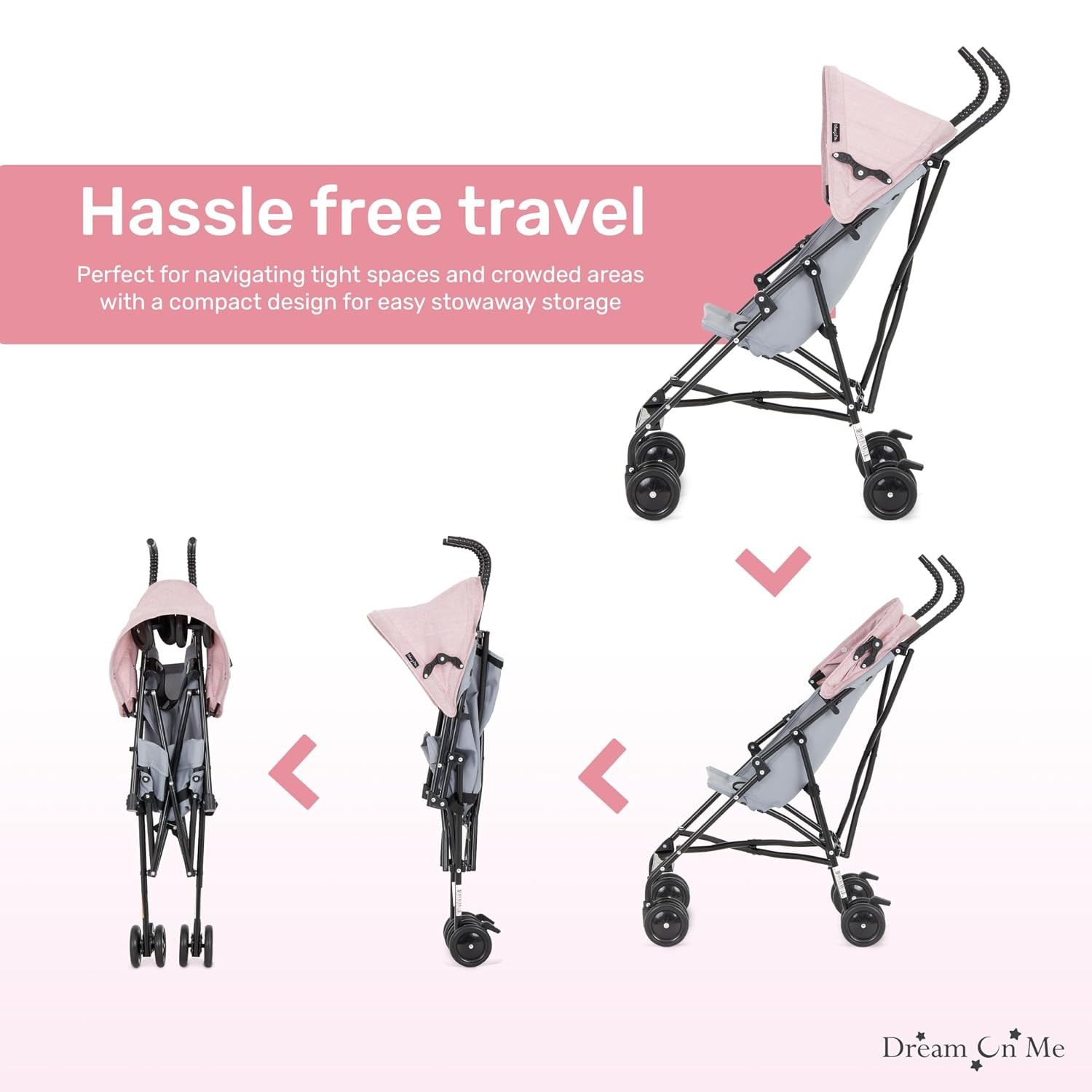 Compact Pink Stroller, 1-Hand Fold | 3-Point Safety Harness