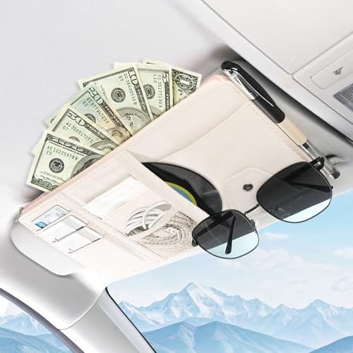 Car Sun Visor Organizer with Double Zippers, Multi-Pockets for Glasses, Beige