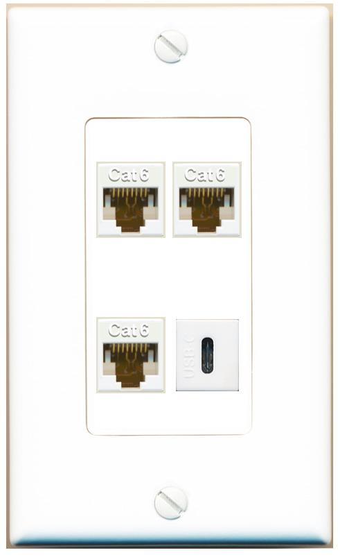 [4 Ports] 3 CAT6 USBC Wall Plate DecorZ White