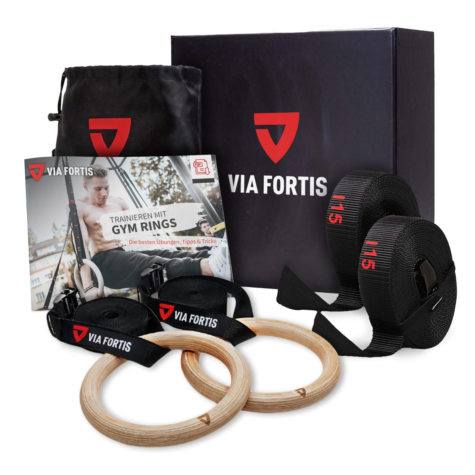 VIA Fortis® Premium Wooden Gym Rings with Straps, Bag & Workout Guide - Gym R...