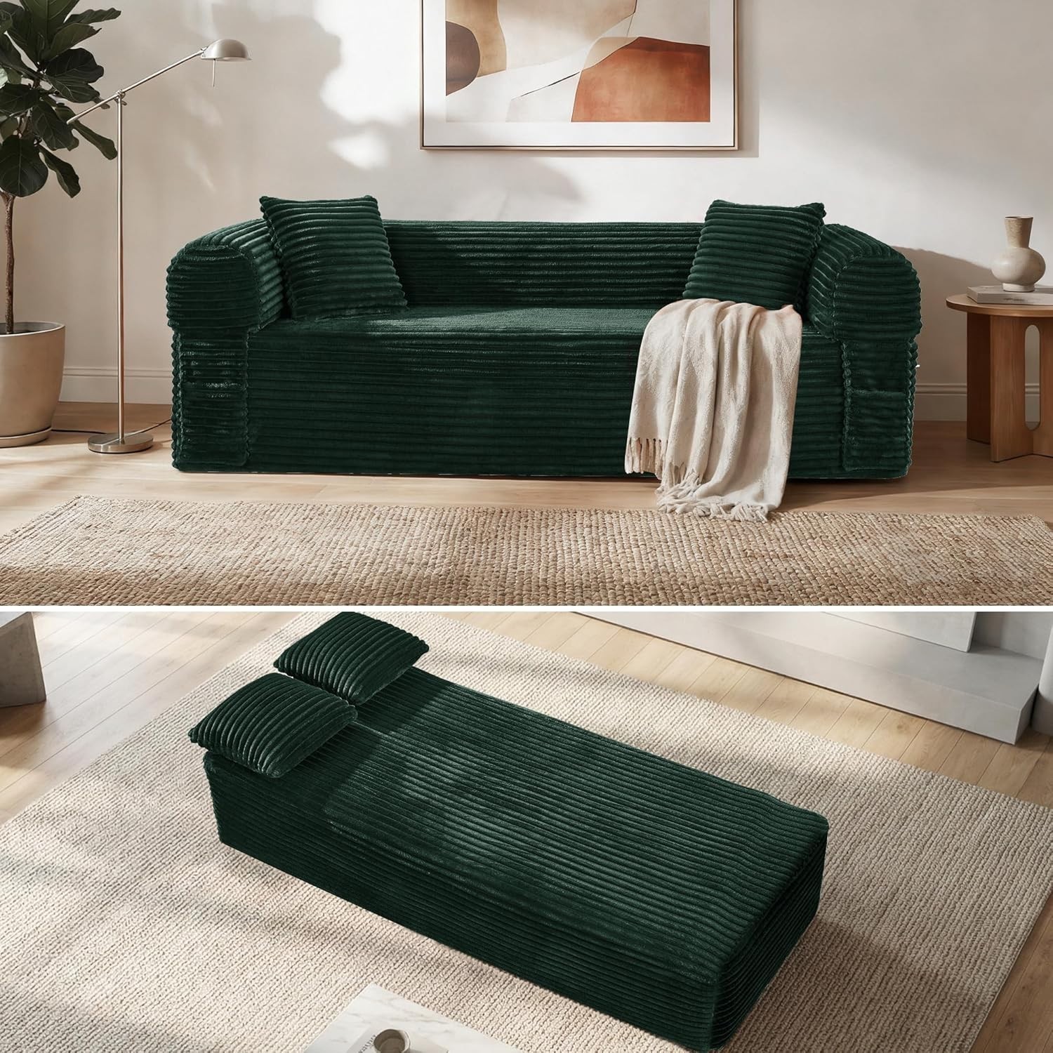 Boneless Convertible Couch Corduroy Sofa with 2 Pillows + Removable Backrest