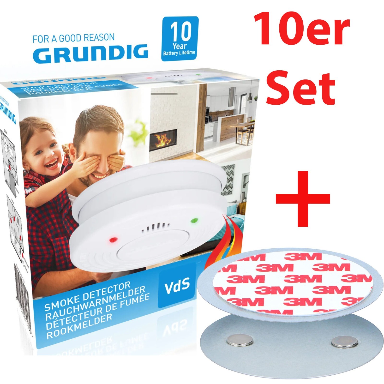Set of 10 Grundig Smoke Detectors 10 Year Battery Life 85dB Inc +3M Adhesive Pad