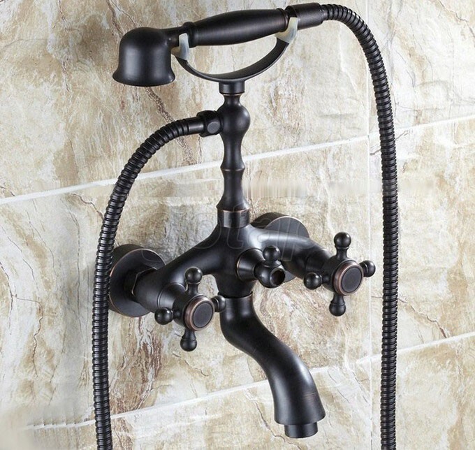 Wall Mount Black Oil Bronze Bathtub Clawfoot Faucet Mixer Tap w/ Hand Shower