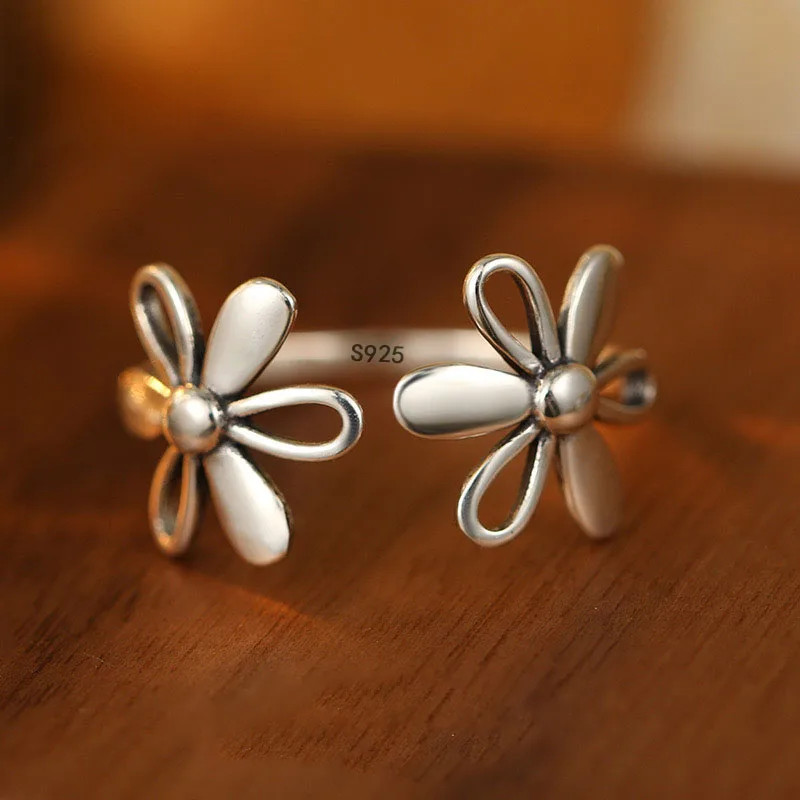 925 Sterling Silver Ring Vintage Flower Adjustable Geometric Band Jewelry