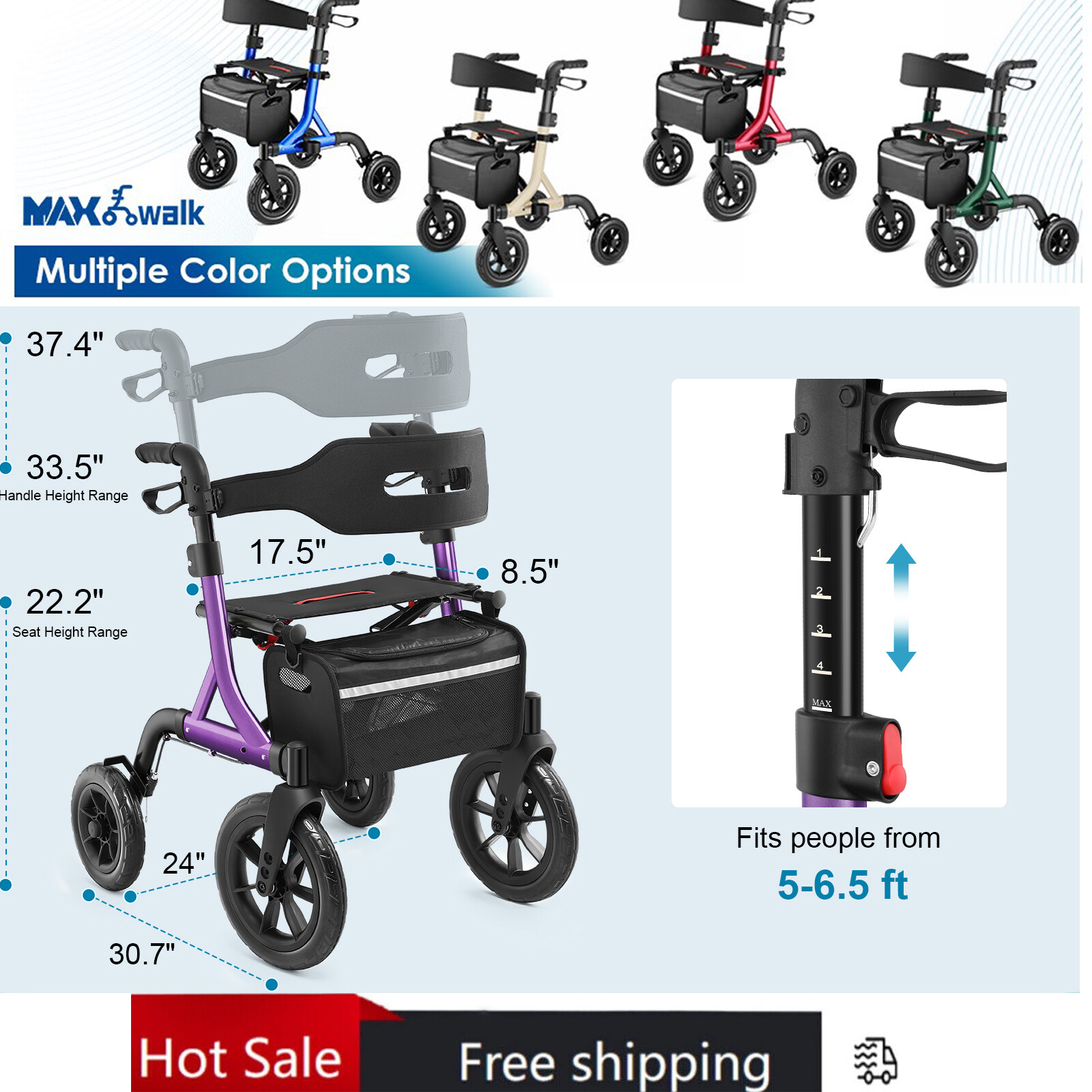 12"+10" Rubber Wheels All-Terrain Rollator Walker with Seat Foldable Adjustable