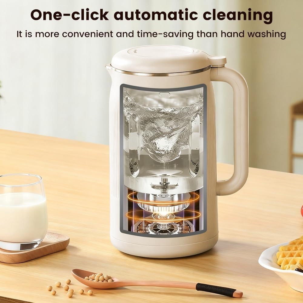 Automatic Soy Milk Maker, Self-Cleaning Blender with Blade Grinder, Beige