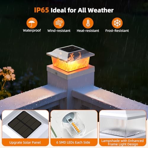 Solar Post Cap Lights Outdoor Flickering Flame Light Fit for 8 Pack White