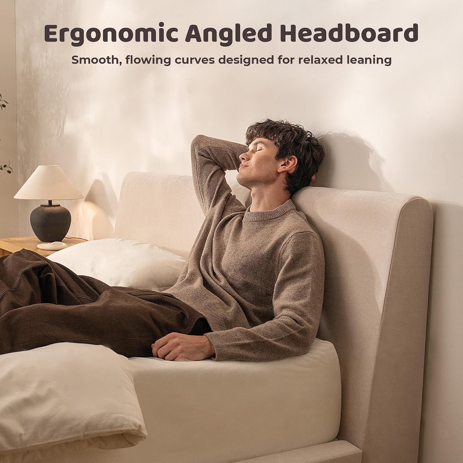 AirFrame King Size Bed Frame W/ Ergonomic Angled Foam Cushioned Headboard