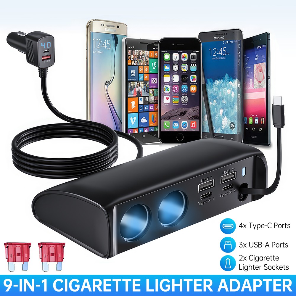 9-in-1 Car Cigarette Lighter Socket Splitter Fast Charger Power Adapter 12V/24V