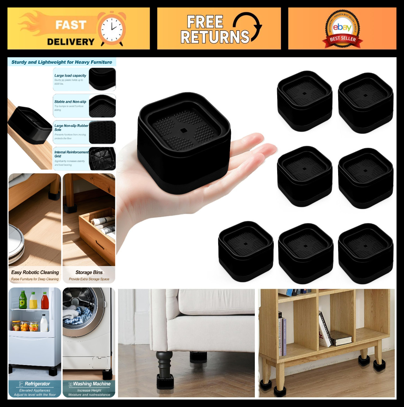 12 Pack Adjustable Furniture Risers - Heavy Duty Stackable Bed & Table Lifters,