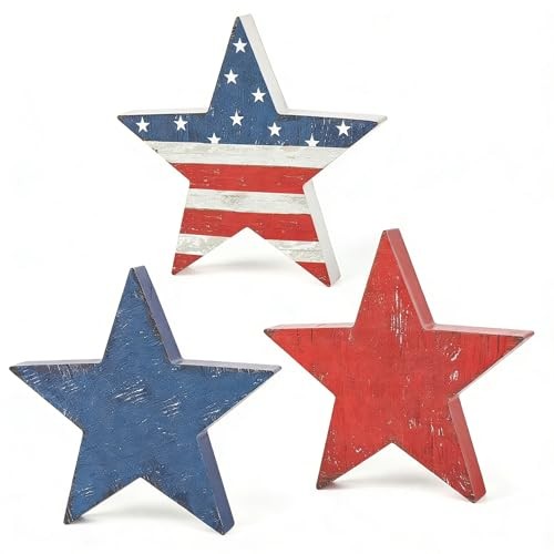 3 Pcs 4th of July Decor Wooden Star Signs, Rustic Patriotic Decor for Memorial