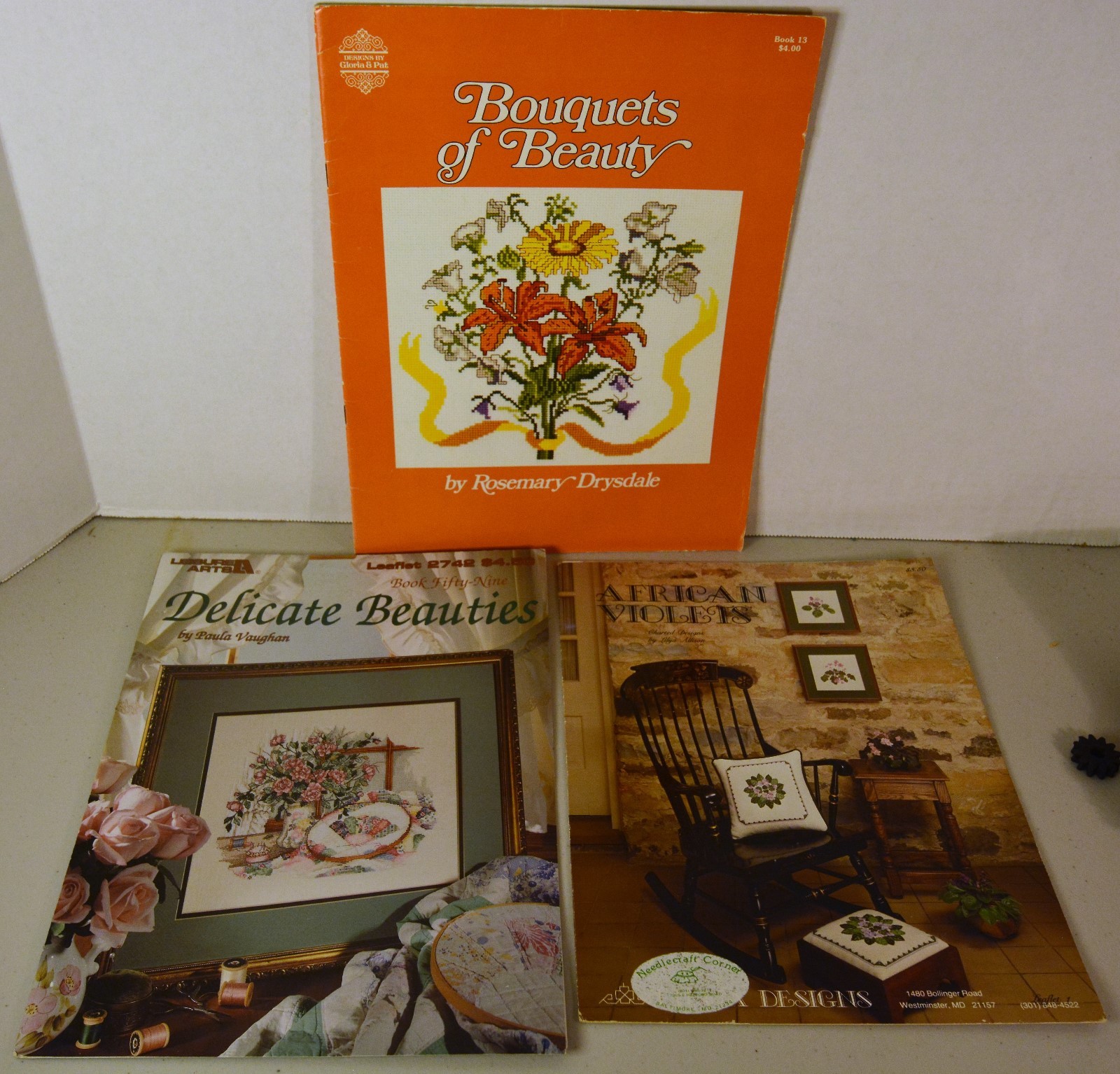 3 Cross Stitch Pattern Leaflet African Violets Bouquets Beauty Delicate Beauties