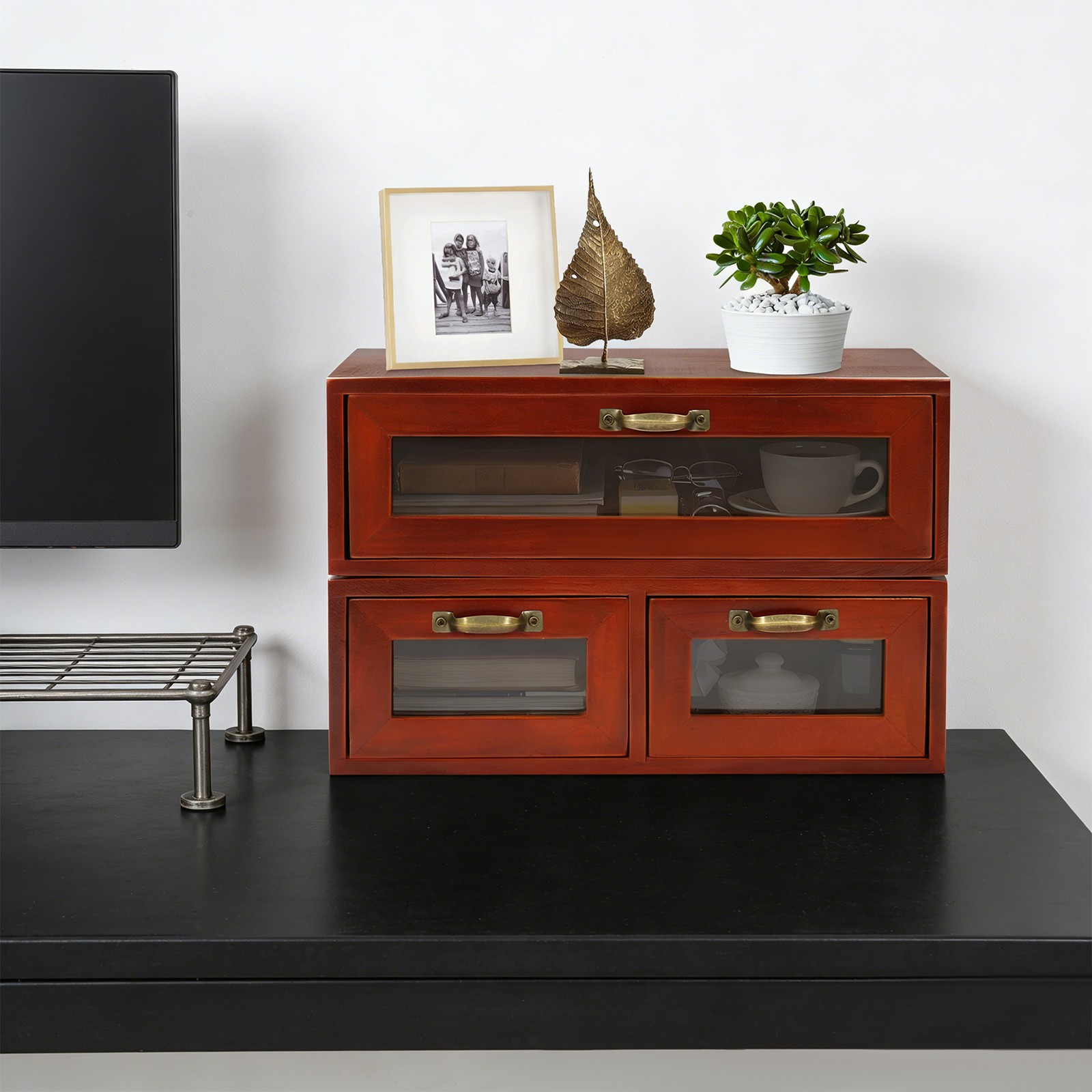Desktop Storage Cabinet with 3 Drawers Wooden Box Organizer Stackable Brown