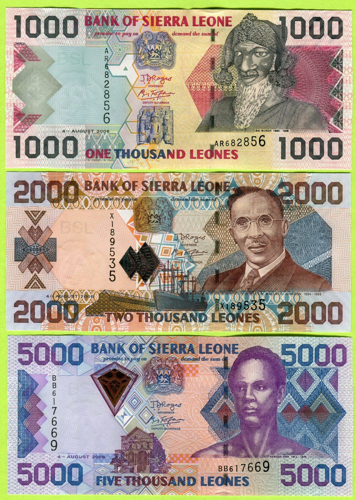 Sierra Leone 1000 2000 5000 Leones 2006 P24c P26c P27c UNC