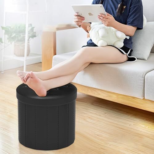 Folding Storage Ottoman Round 15Inch Foot Stool with Thicker Foam Padded Seat...