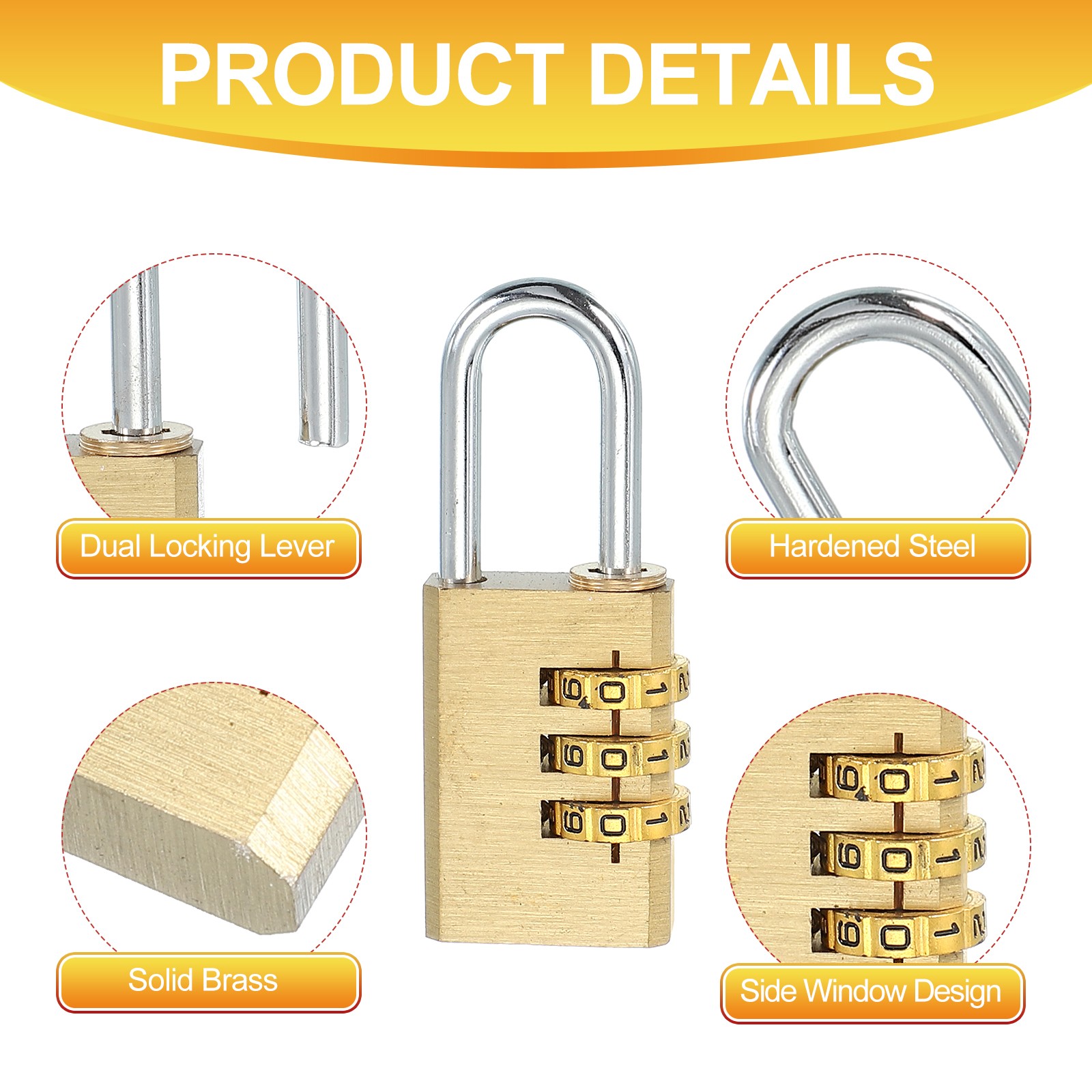 Brass Combination Lock 2.8", 3 Digit Resettable Combination Padlock Gold
