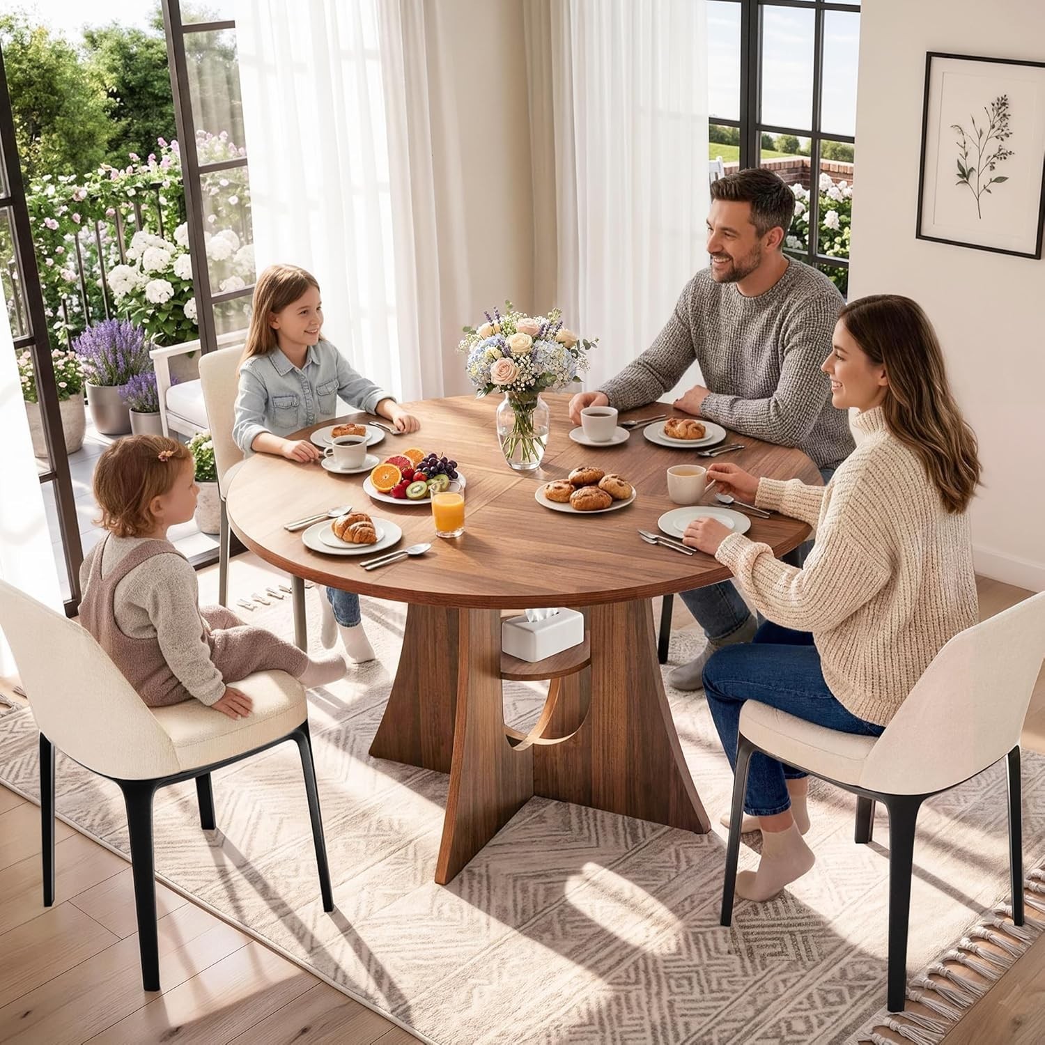 47" Round Dining Table for 4-6, Space-Saving Dining Room Table with Thick Tab...