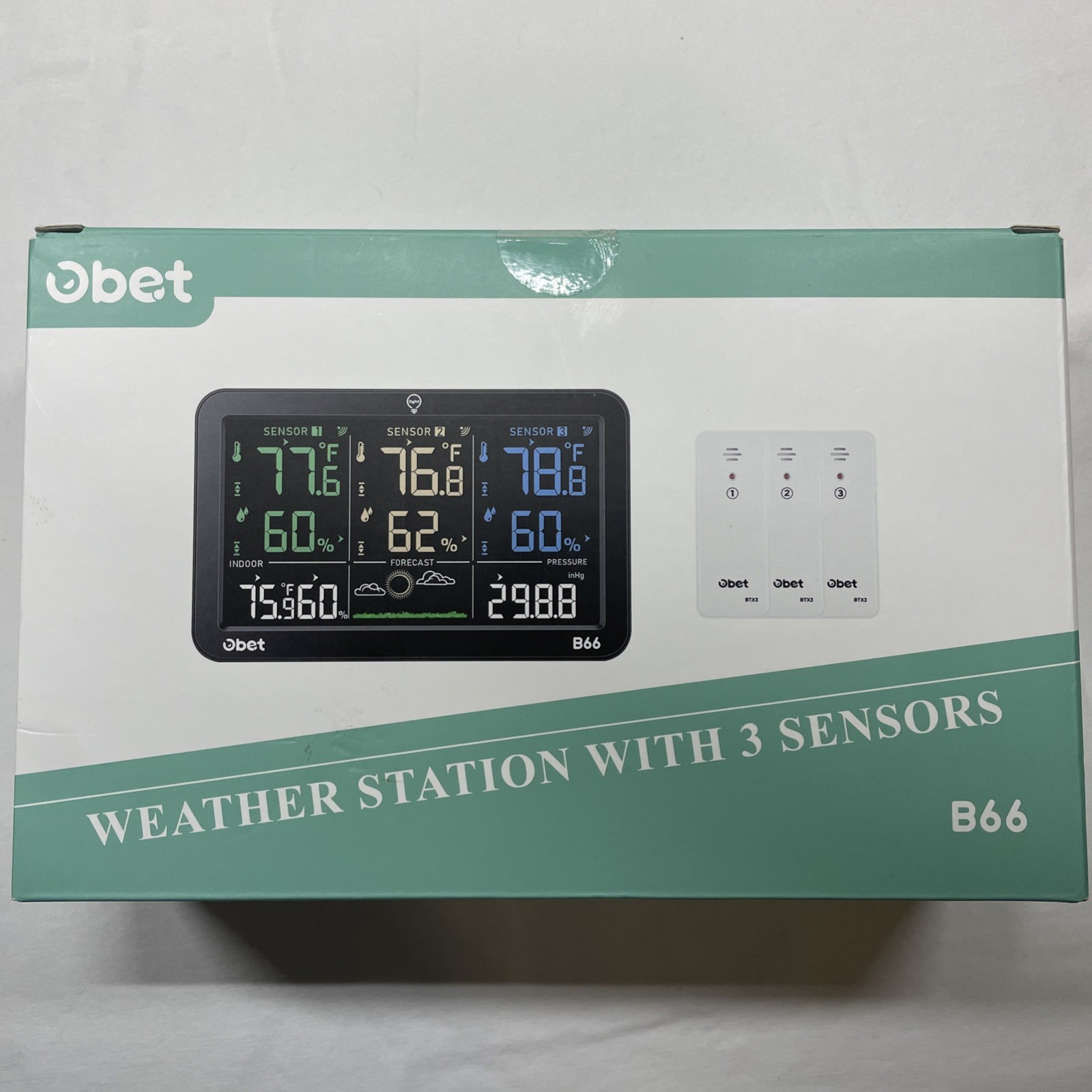 New Obet Weather Station Wireless Indoor Outdoor Thermometer w 3 Sensors, Temp