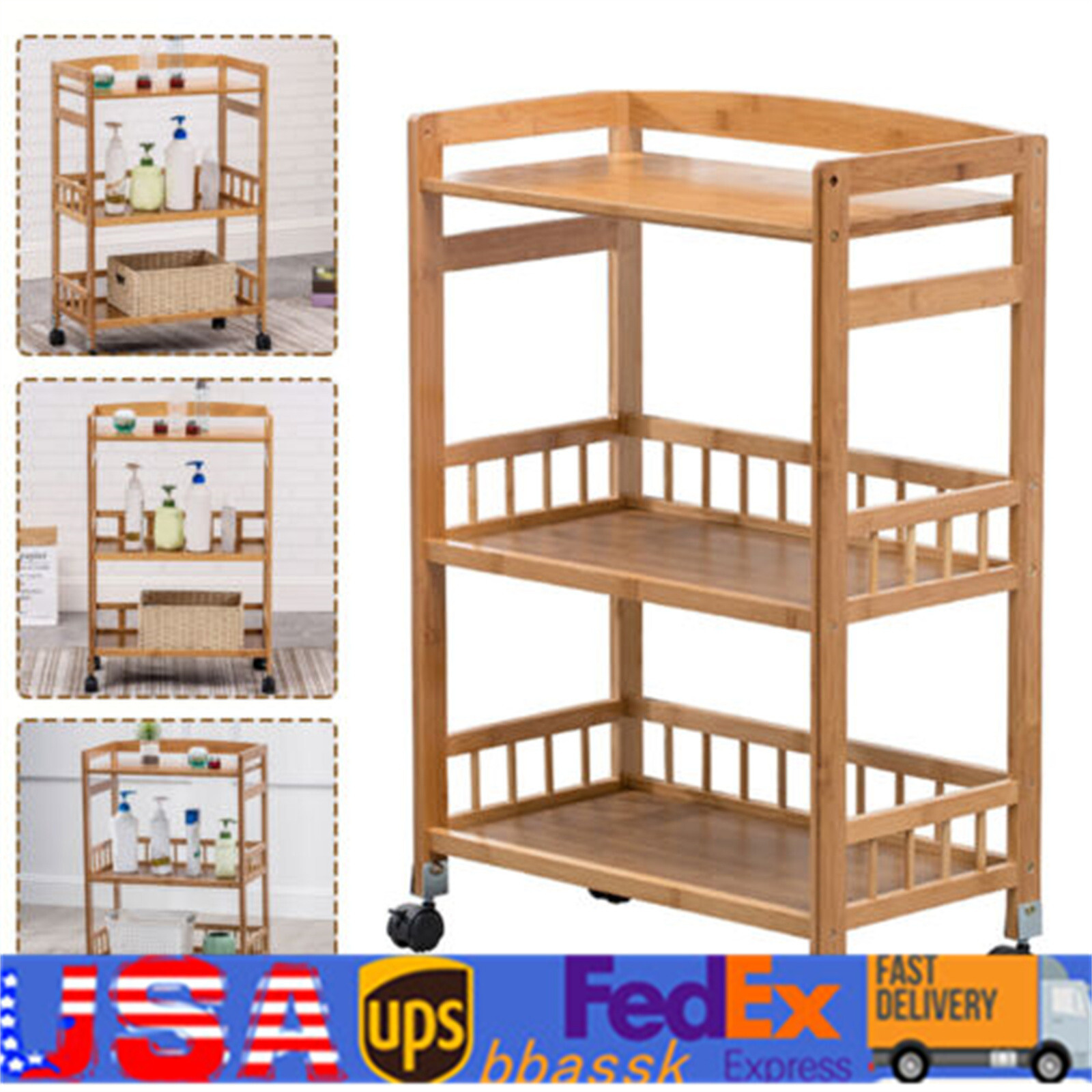 3 Tier Kitchen Serving Cart Bar Food Storage Organizer Rack Home Bamboo Trolley