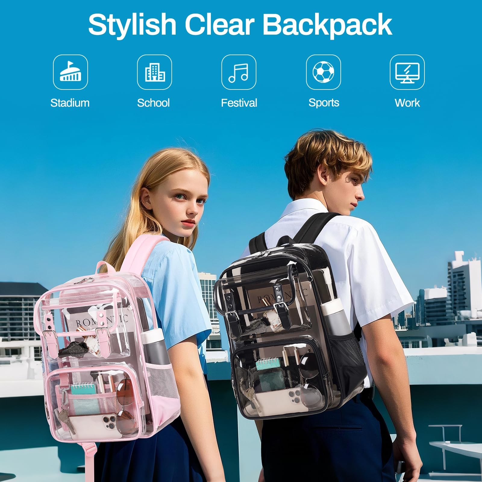 New Clear Backpack Heavy Duty PVC Clear Bookbag Transparent Backpack See Through