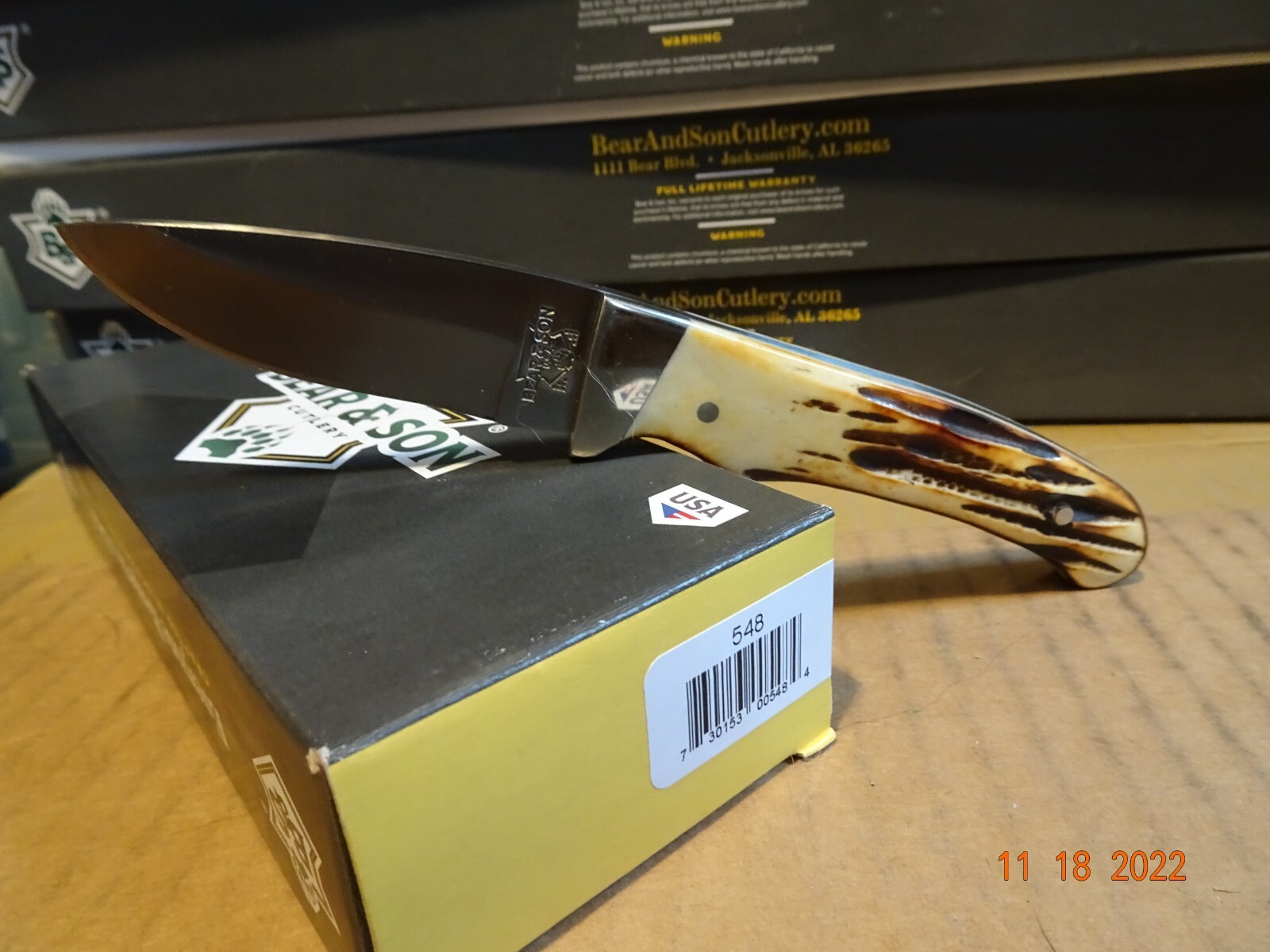 BEAR & SONS CUTLERY 7" DROP POINT HUNTER INDIA STAG BONE HANDLE LEA SH MADE USA