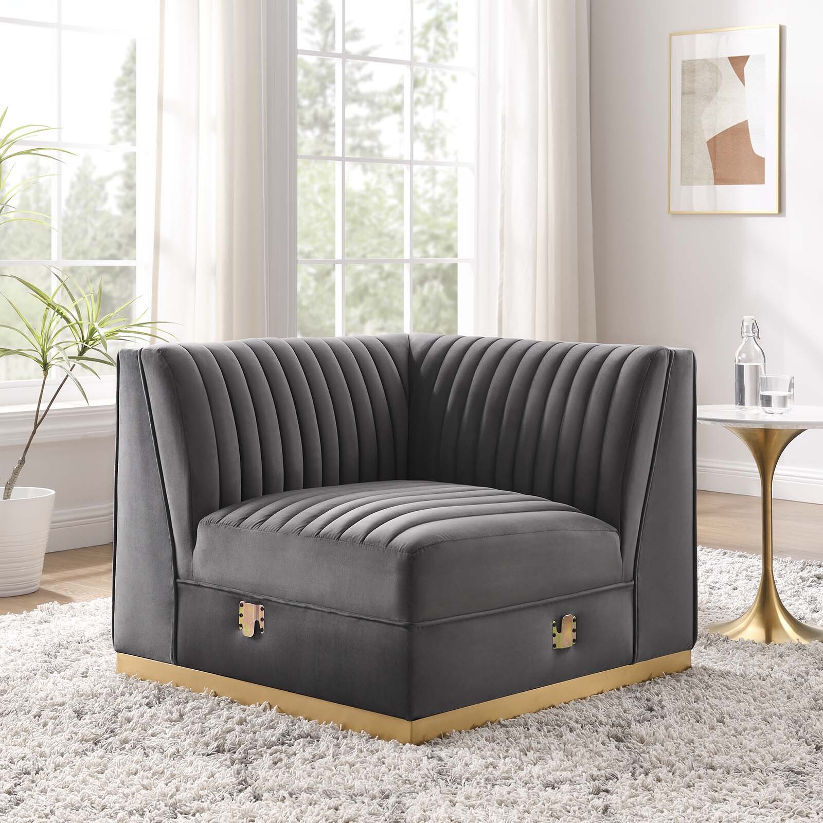 Sanguine Channel Tufted Velvet Modular Sectional Sofa Left Corner Chair in Gray