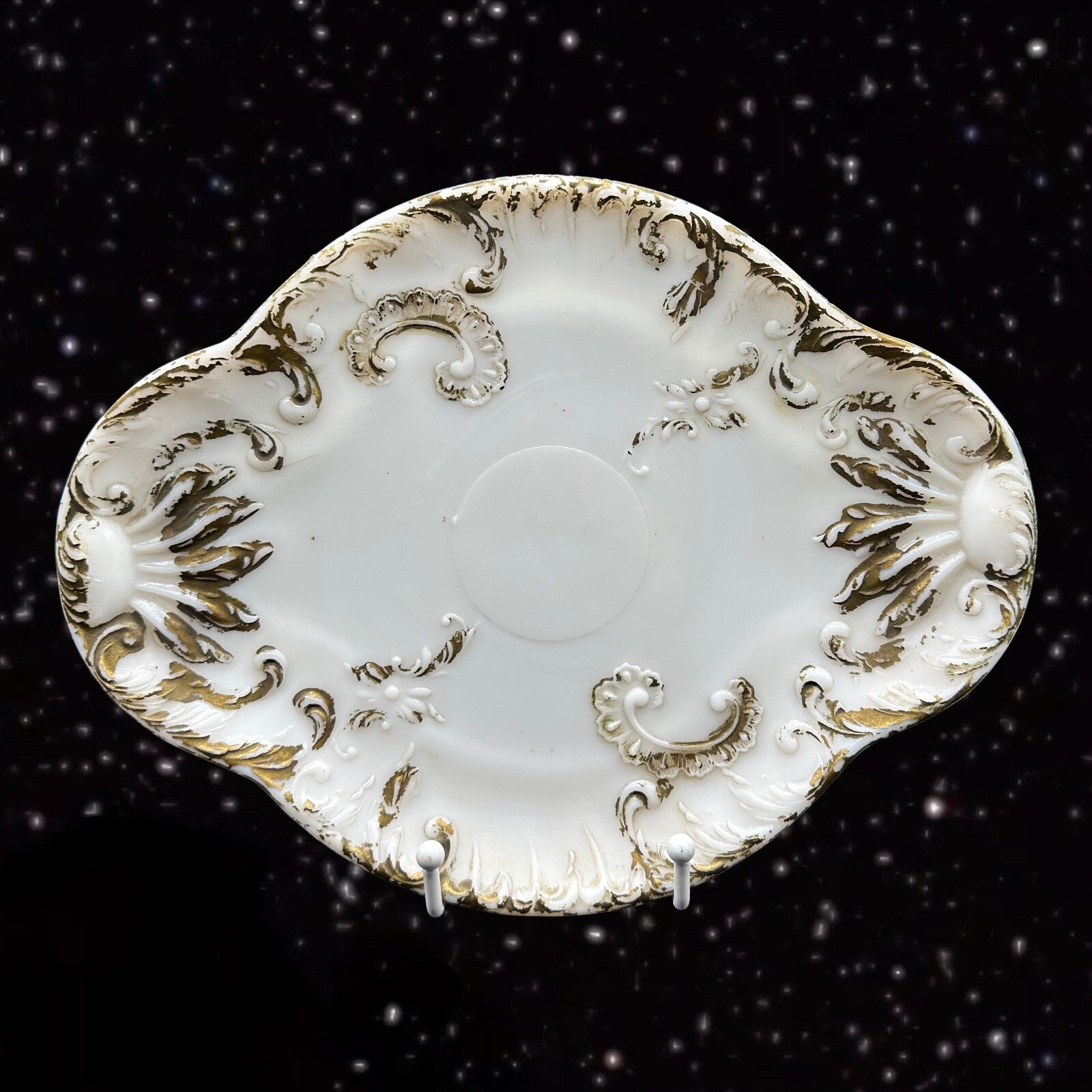 Antique White Milk Glass Dresser Vanity Tray w Painted Embossed Gold Paint Large