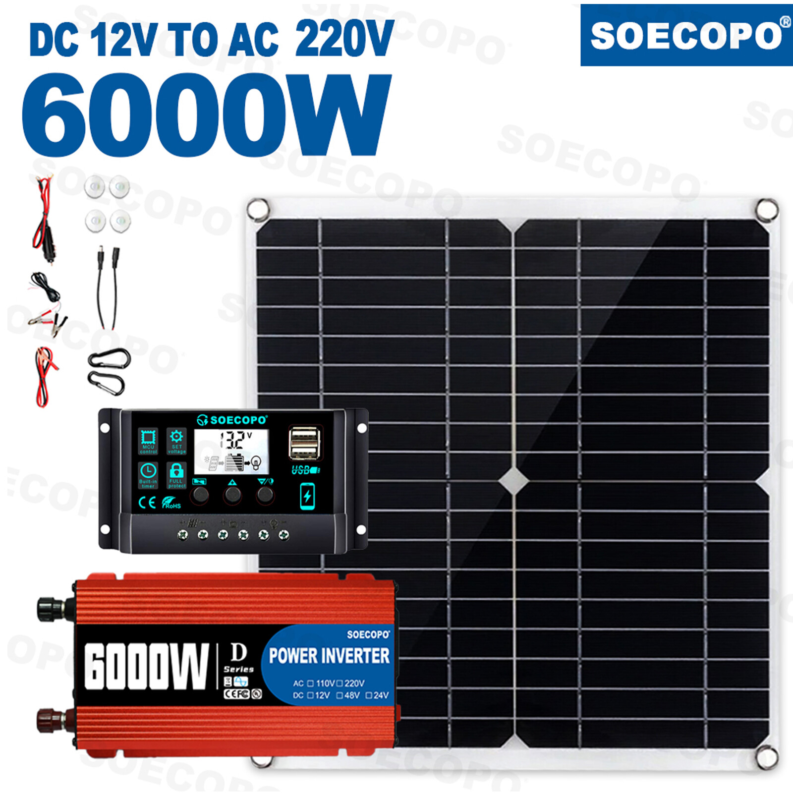 6000W 100A Solar Panel Set Solar Power Inverter Generator Home 110V Grid System