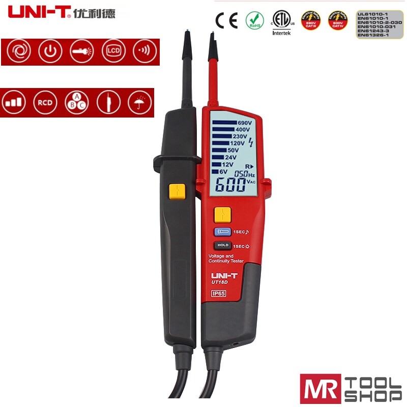 UNI-T UT18D Voltage Continuity Tester 6V-690V Auto Range RCD Tester Backlit IP65