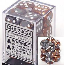 Chessex Gemini 16mm d6 Copper Steel w/ White Dice Block 12 Die Set CHX 26624