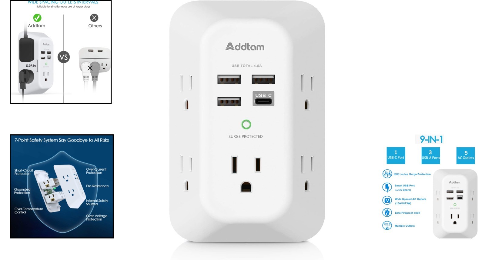 Compact 5-Outlet USB Wall Charger with 1800J Surge Protection for Travel & Home
