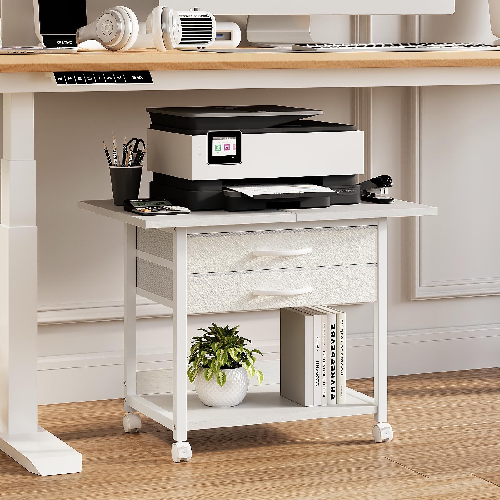 Large Printer Stand with Storage Fabric Drawer Under Desk Printer Table with ...