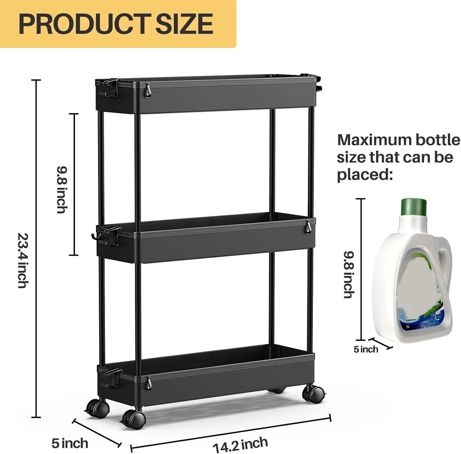 Slim Rolling Storage Cart, 3-Tier, Black, Multifunctional