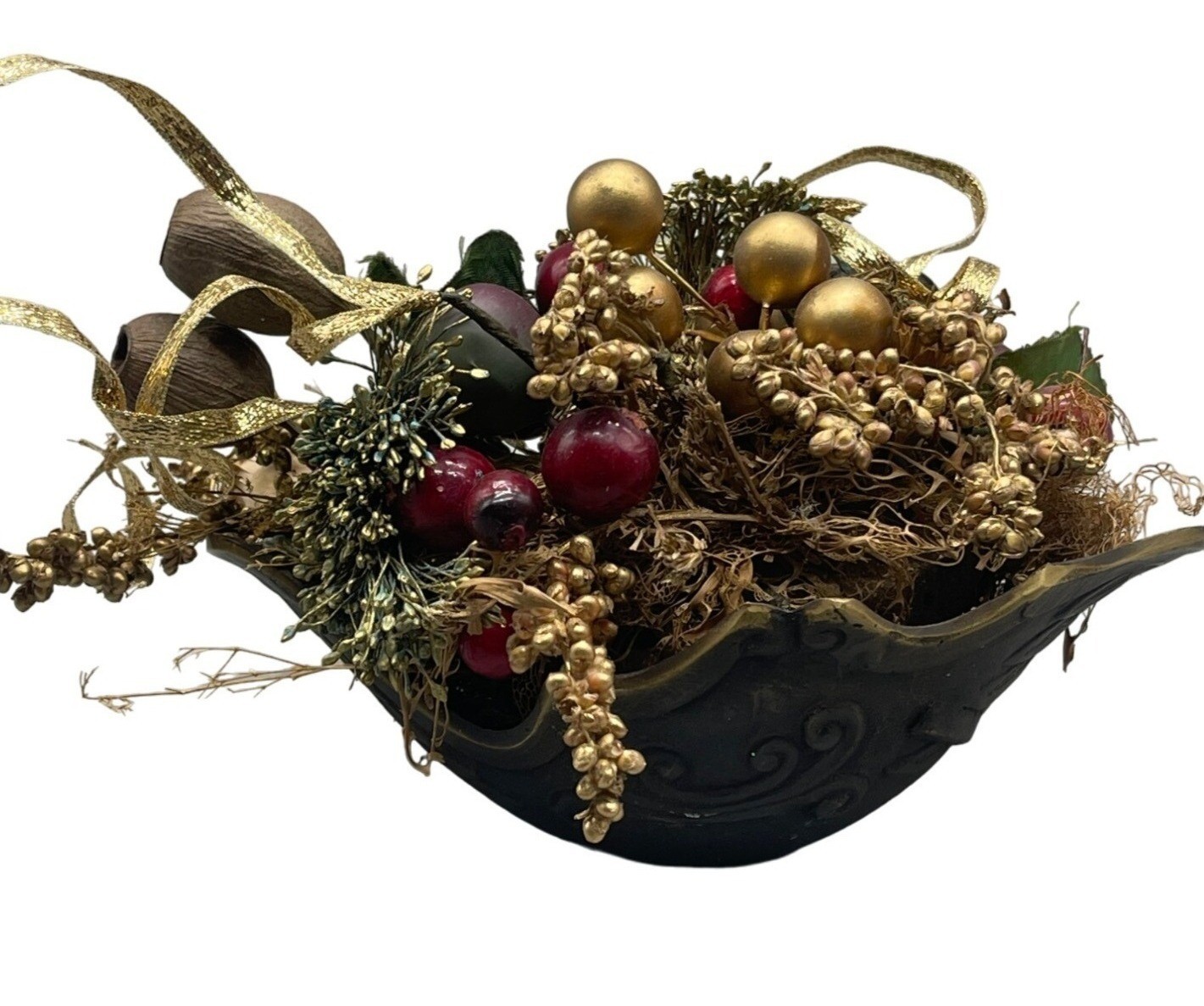 vintage Christmas floral centerpiece decor metal bowl gold red 7.5" READ