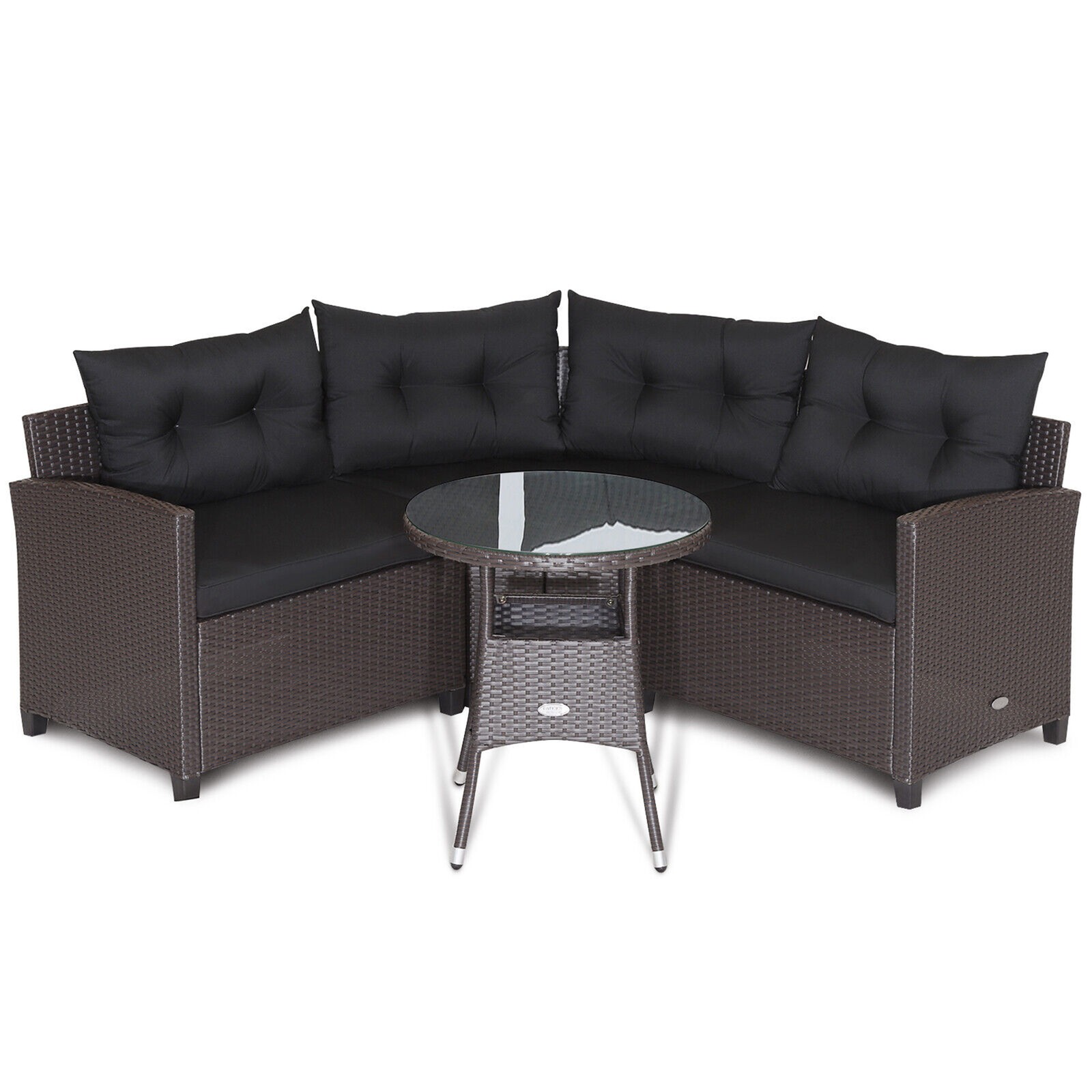 4PCS Wicker Patio Sofa Set Rattan Outdoor Furniture Set w/ Black Cushions