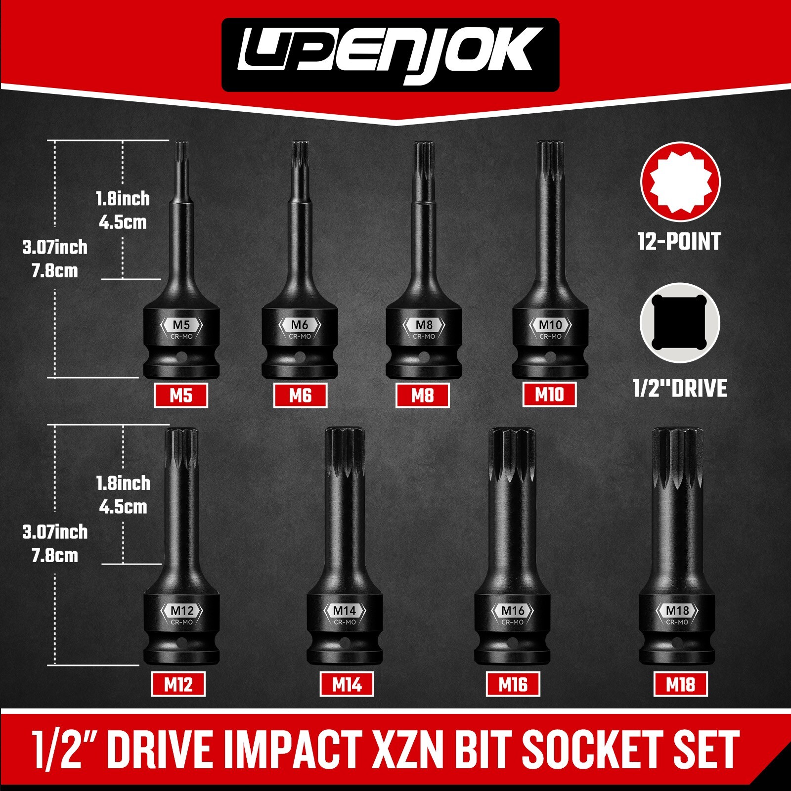 8 Pcs 1/2" Drive Impact XZN Triple Square Bit Socket Set M5-M18