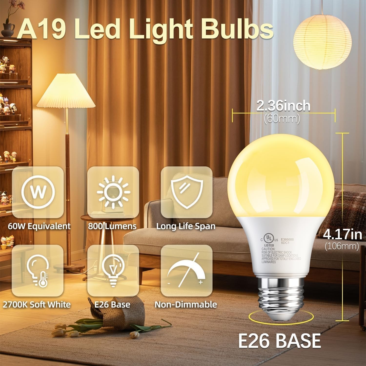 12 Pack A19 LED Light Bulbs 9W Equivalent 60W No-Dimmable Daylight 5000K E26