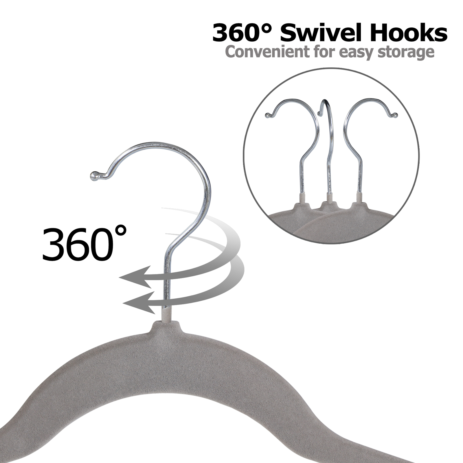 100PCS Grey Velvet Hangers Non-Slip Clothes Hangers Premium 360° Swivel Hook