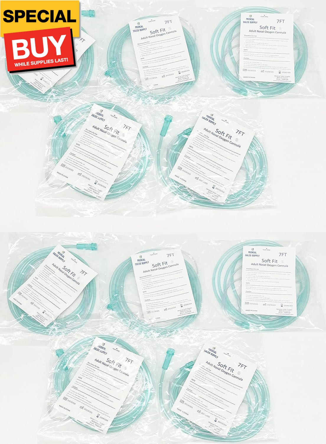 10 Pack - Super Soft Touch Vinyl Nasal Oxygen Cannula, Cushion Tip, Adult, 7' St