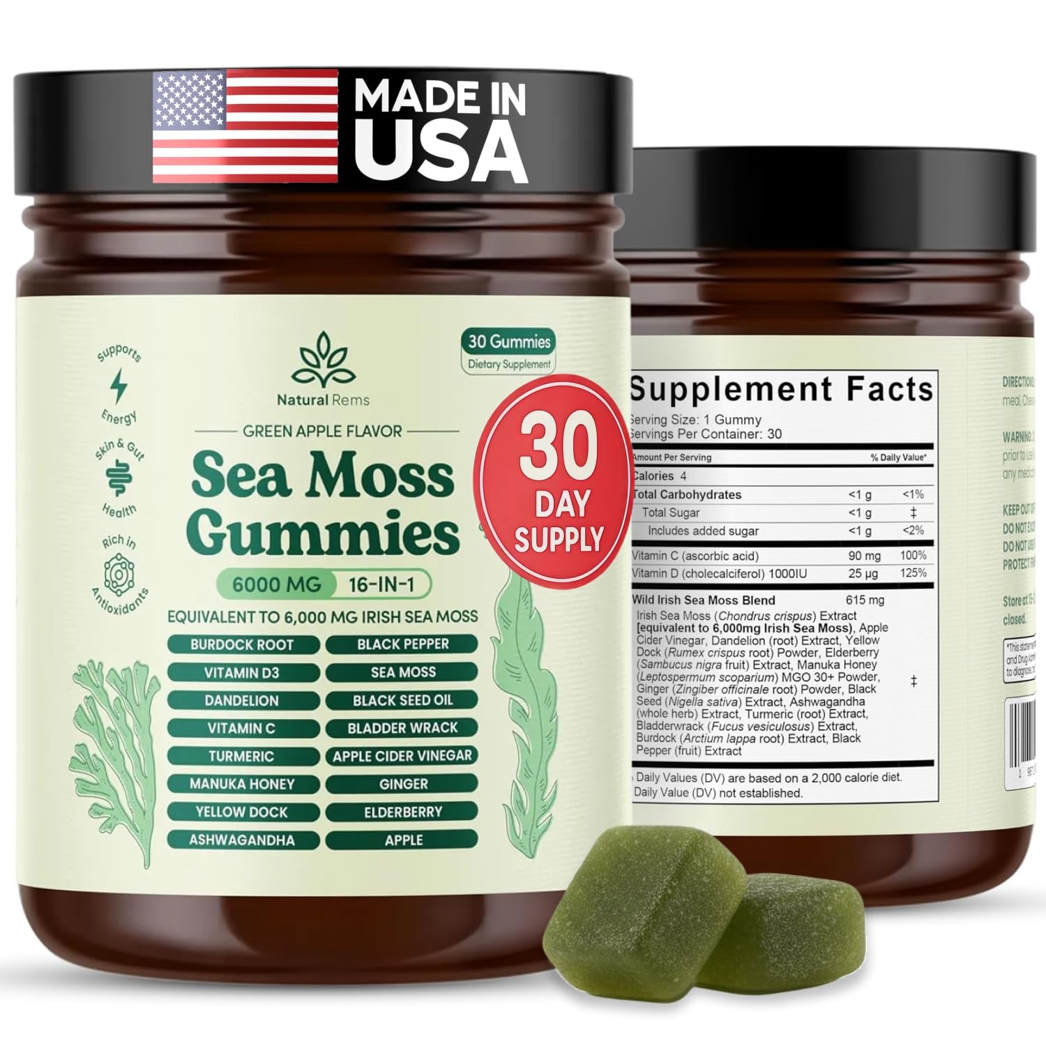 Natural Rems Sea Moss Gummies 16-in-1 - Ashwagandha Black Seed Oil Bladder Wrack