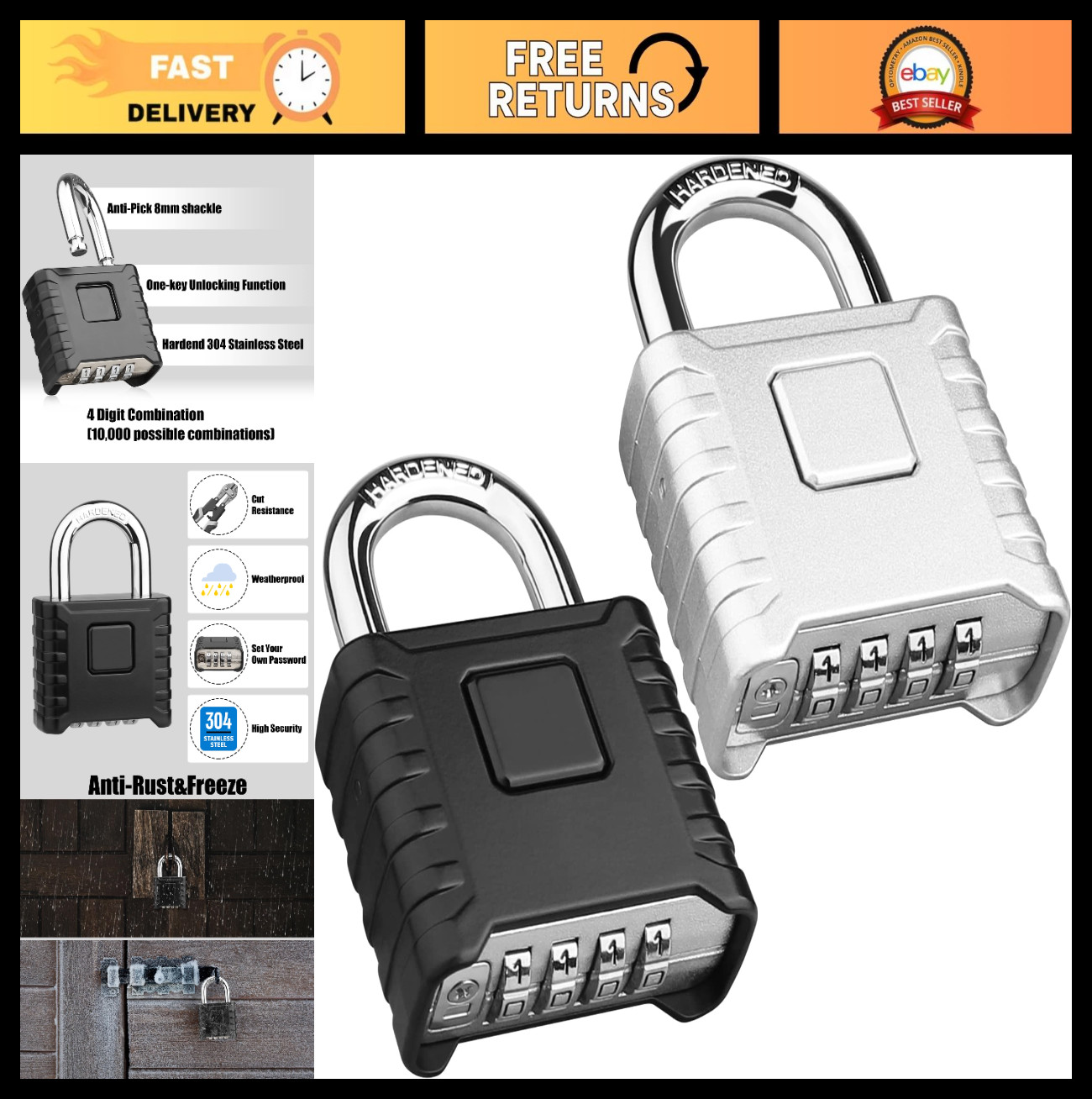 2 Pack Heavy Duty Combination Padlocks, Weatherproof High Security Locks for Hom