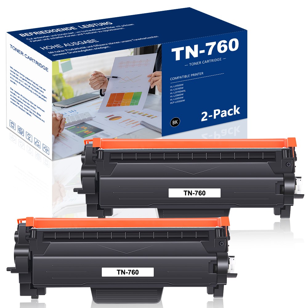 2PK TN760 Toner Cartridge For Brother MFC-L2710DW MFC-L2750DW HL-L2370DW L2395DW