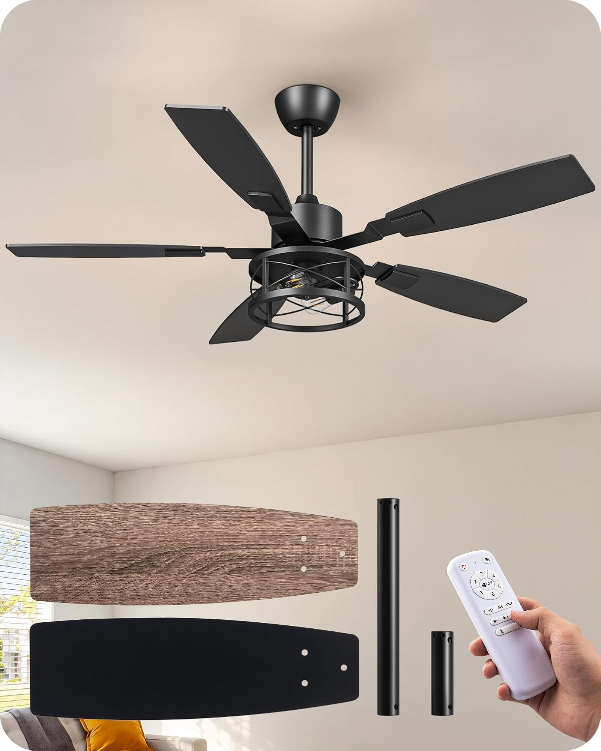 52" Farmhouse Ceiling Fans with Lights and Remote, 10%-100% Dimmable, 6 Speeds,